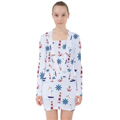 Lighthouse Sail Boat Seagull V-neck Bodycon Long Sleeve Dress by artworkshop