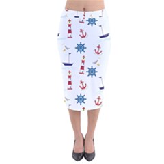 Lighthouse Sail Boat Seagull Velvet Midi Pencil Skirt by artworkshop