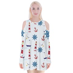 Lighthouse Sail Boat Seagull Velvet Long Sleeve Shoulder Cutout Dress by artworkshop