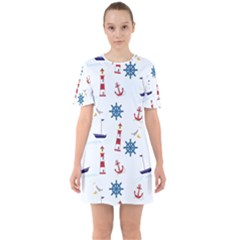 Lighthouse Sail Boat Seagull Sixties Short Sleeve Mini Dress by artworkshop