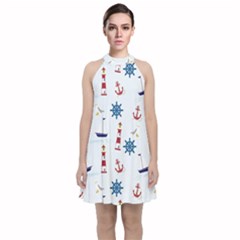 Lighthouse Sail Boat Seagull Velvet Halter Neckline Dress  by artworkshop