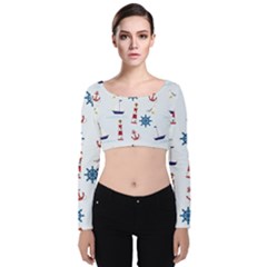 Lighthouse Sail Boat Seagull Velvet Long Sleeve Crop Top by artworkshop