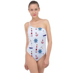 Lighthouse Sail Boat Seagull Classic One Shoulder Swimsuit by artworkshop