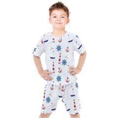 Lighthouse Sail Boat Seagull Kids  Tee And Shorts Set by artworkshop