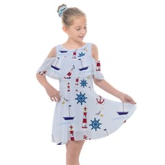 Lighthouse Sail Boat Seagull Kids  Shoulder Cutout Chiffon Dress by artworkshop