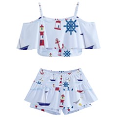 Lighthouse Sail Boat Seagull Kids  Off Shoulder Skirt Bikini