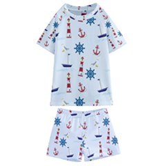 Lighthouse Sail Boat Seagull Kids  Swim Tee And Shorts Set by artworkshop