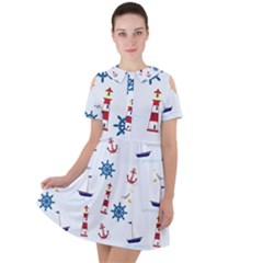 Lighthouse Sail Boat Seagull Short Sleeve Shoulder Cut Out Dress  by artworkshop