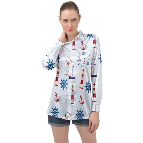 Lighthouse Sail Boat Seagull Long Sleeve Satin Shirt by artworkshop