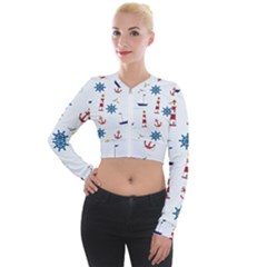 Lighthouse Sail Boat Seagull Long Sleeve Cropped Velvet Jacket by artworkshop