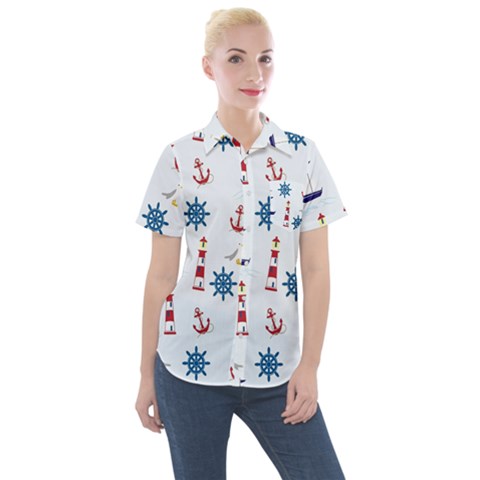 Lighthouse Sail Boat Seagull Women s Short Sleeve Pocket Shirt by artworkshop