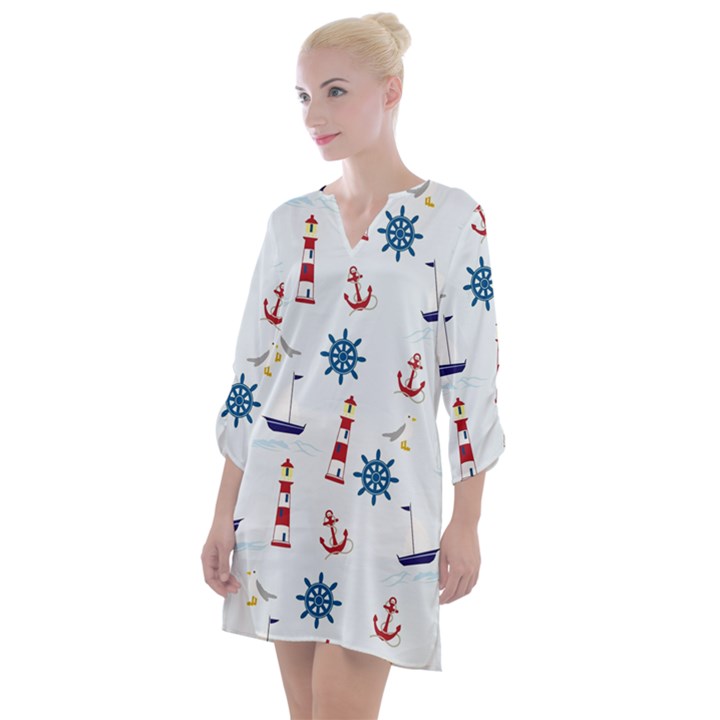 Lighthouse Sail Boat Seagull Open Neck Shift Dress