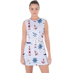 Lighthouse Sail Boat Seagull Lace Up Front Bodycon Dress by artworkshop