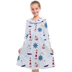 Lighthouse Sail Boat Seagull Kids  Midi Sailor Dress by artworkshop