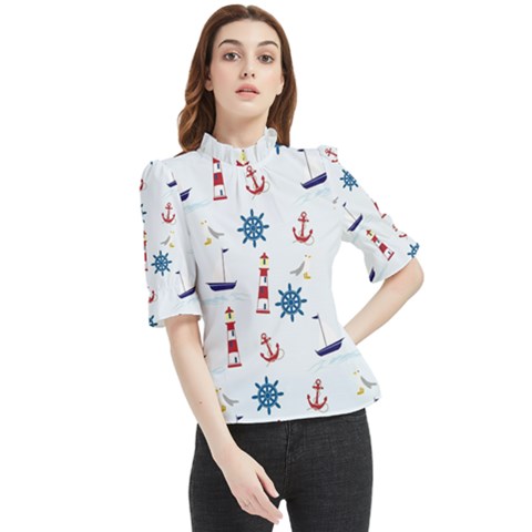 Lighthouse Sail Boat Seagull Frill Neck Blouse by artworkshop