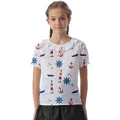 Lighthouse Sail Boat Seagull Kids  Frill Chiffon Blouse by artworkshop