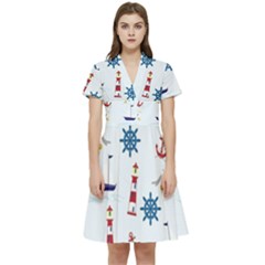 Lighthouse Sail Boat Seagull Short Sleeve Waist Detail Dress by artworkshop