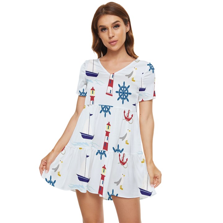 Lighthouse Sail Boat Seagull Tiered Short Sleeve Babydoll Dress