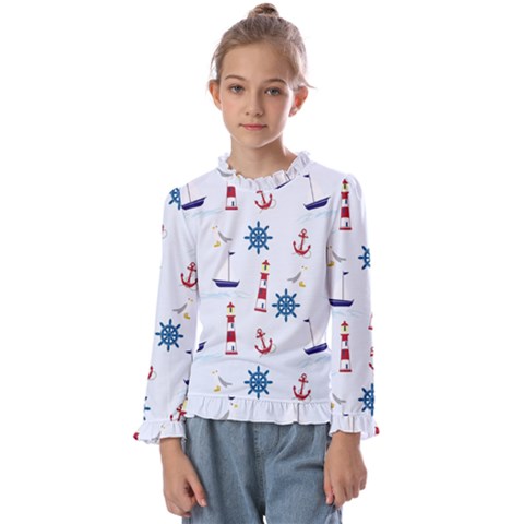 Lighthouse Sail Boat Seagull Kids  Frill Detail Tee by artworkshop