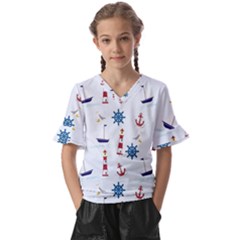 Lighthouse Sail Boat Seagull Kids  V-neck Horn Sleeve Blouse by artworkshop