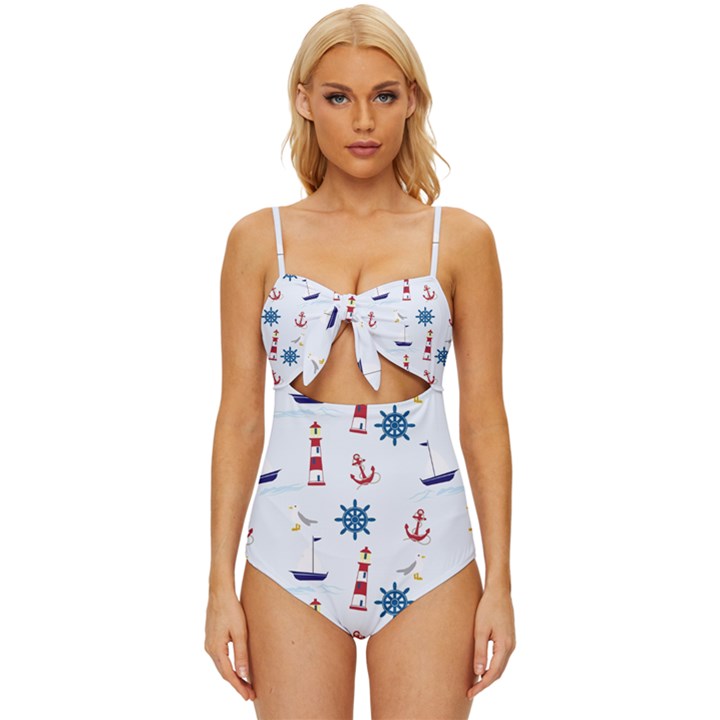 Lighthouse Sail Boat Seagull Knot Front One-Piece Swimsuit