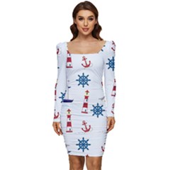 Lighthouse Sail Boat Seagull Women Long Sleeve Ruched Stretch Jersey Dress