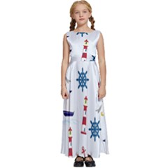 Lighthouse Sail Boat Seagull Kids  Satin Sleeveless Maxi Dress by artworkshop