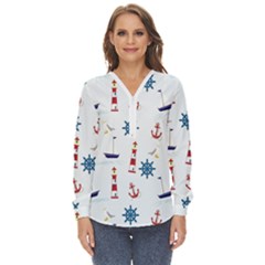 Lighthouse Sail Boat Seagull Zip Up Long Sleeve Blouse