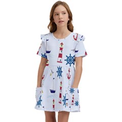 Lighthouse Sail Boat Seagull Kids  Frilly Sleeves Pocket Dress