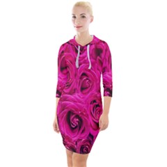 Pink Flowers Roses Quarter Sleeve Hood Bodycon Dress by artworkshop