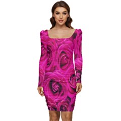 Pink Flowers Roses Women Long Sleeve Ruched Stretch Jersey Dress