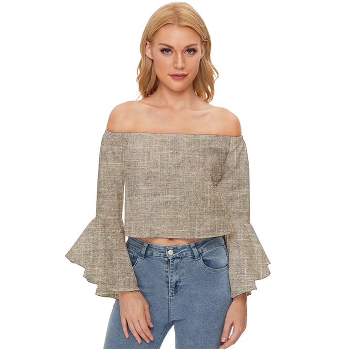 Textile Jute Brown Off Shoulder Flutter Bell Sleeve Top