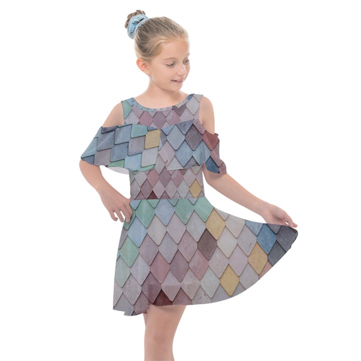 Tiles Shapes Kids  Shoulder Cutout Chiffon Dress