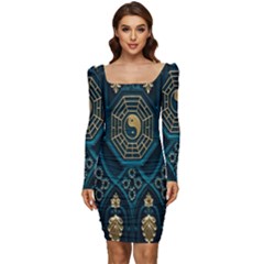 Abstract 001 Women Long Sleeve Ruched Stretch Jersey Dress