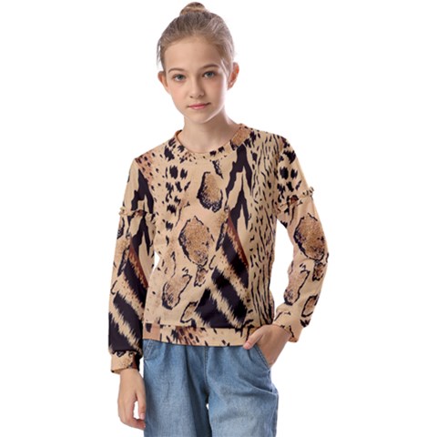 Animal-pattern-design-print-texture Kids  Long Sleeve Tee With Frill  by nate14shop