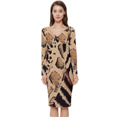 Animal-pattern-design-print-texture Long Sleeve V-neck Bodycon Dress 