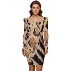 Animal-pattern-design-print-texture Women Long Sleeve Ruched Stretch Jersey Dress