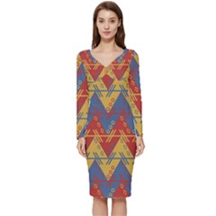 Aztec Long Sleeve V-neck Bodycon Dress 