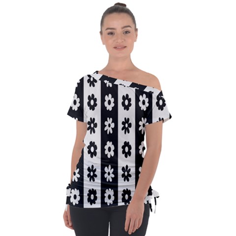 Black-and-white-flower-pattern-by-zebra-stripes-seamless-floral-for-printing-wall-textile-free-vecto Off Shoulder Tie-up Tee by nate14shop