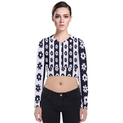 Black-and-white-flower-pattern-by-zebra-stripes-seamless-floral-for-printing-wall-textile-free-vecto Long Sleeve Zip Up Bomber Jacket by nate14shop