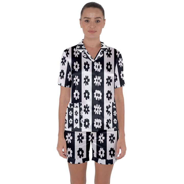 Black-and-white-flower-pattern-by-zebra-stripes-seamless-floral-for-printing-wall-textile-free-vecto Satin Short Sleeve Pajamas Set