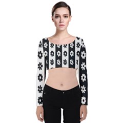 Black-and-white-flower-pattern-by-zebra-stripes-seamless-floral-for-printing-wall-textile-free-vecto Velvet Long Sleeve Crop Top by nate14shop