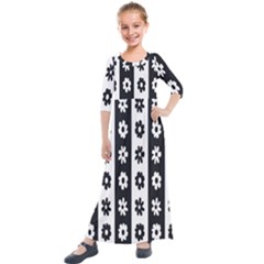 Black-and-white-flower-pattern-by-zebra-stripes-seamless-floral-for-printing-wall-textile-free-vecto Kids  Quarter Sleeve Maxi Dress by nate14shop