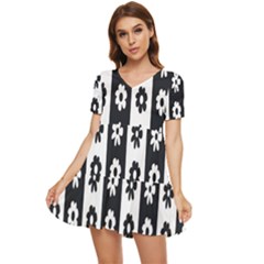 Black-and-white-flower-pattern-by-zebra-stripes-seamless-floral-for-printing-wall-textile-free-vecto Tiered Short Sleeve Babydoll Dress