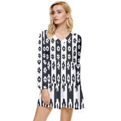 Black-and-white-flower-pattern-by-zebra-stripes-seamless-floral-for-printing-wall-textile-free-vecto Tiered Long Sleeve Mini Dress