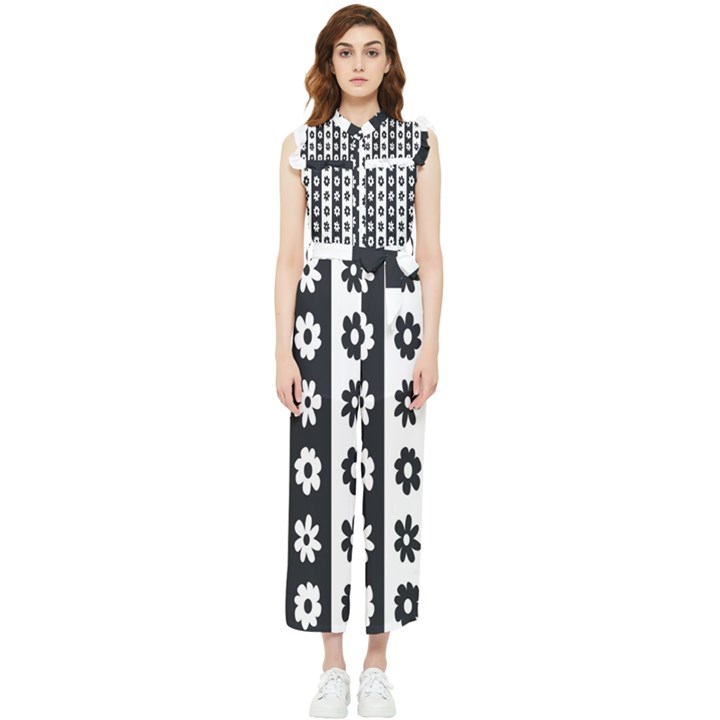 Black-and-white-flower-pattern-by-zebra-stripes-seamless-floral-for-printing-wall-textile-free-vecto Women s Frill Top Chiffon Jumpsuit