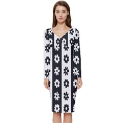 Black-and-white-flower-pattern-by-zebra-stripes-seamless-floral-for-printing-wall-textile-free-vecto Long Sleeve V-neck Bodycon Dress  by nate14shop