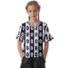 Black-and-white-flower-pattern-by-zebra-stripes-seamless-floral-for-printing-wall-textile-free-vecto Kids  V-neck Horn Sleeve Blouse by nate14shop