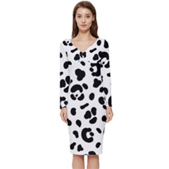 Blak-white-tiger-polkadot Long Sleeve V-neck Bodycon Dress 