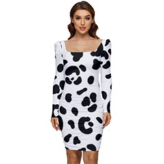 Blak-white-tiger-polkadot Women Long Sleeve Ruched Stretch Jersey Dress by nate14shop